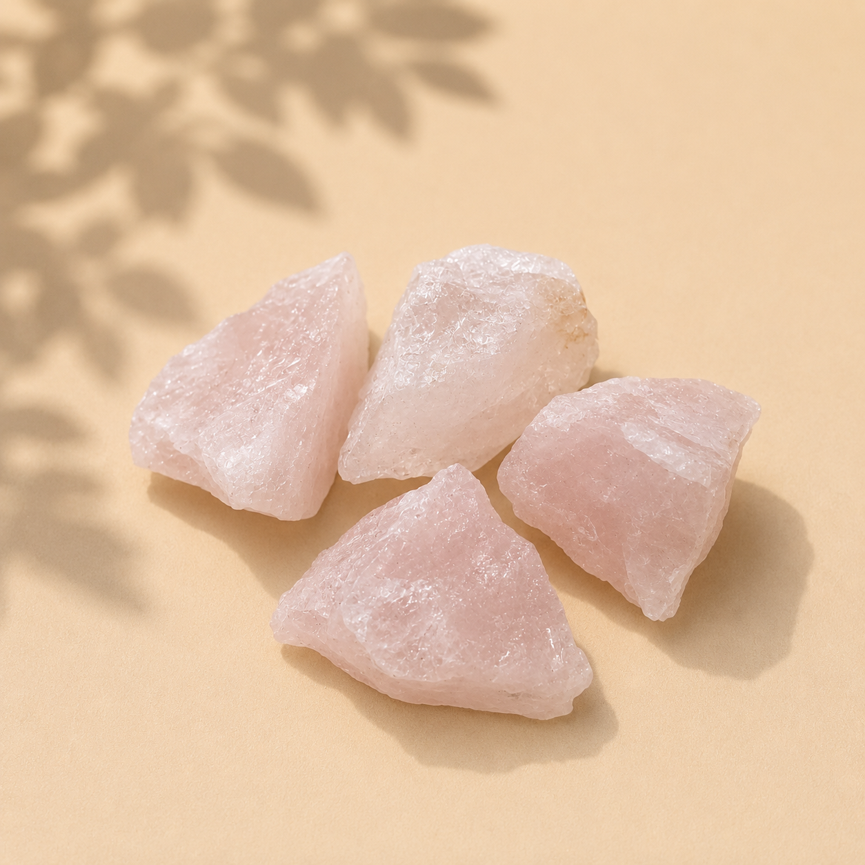 Four raw Rose Quartz  crystals on a beige background with leaf shadows