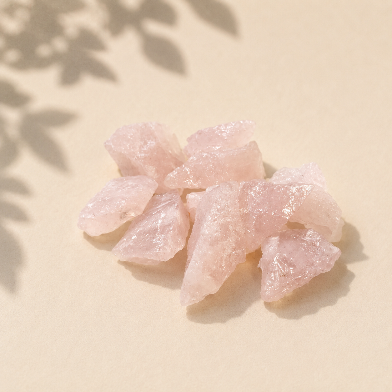 Rose Quartz crystal stones on a beige surface with leaf shadows