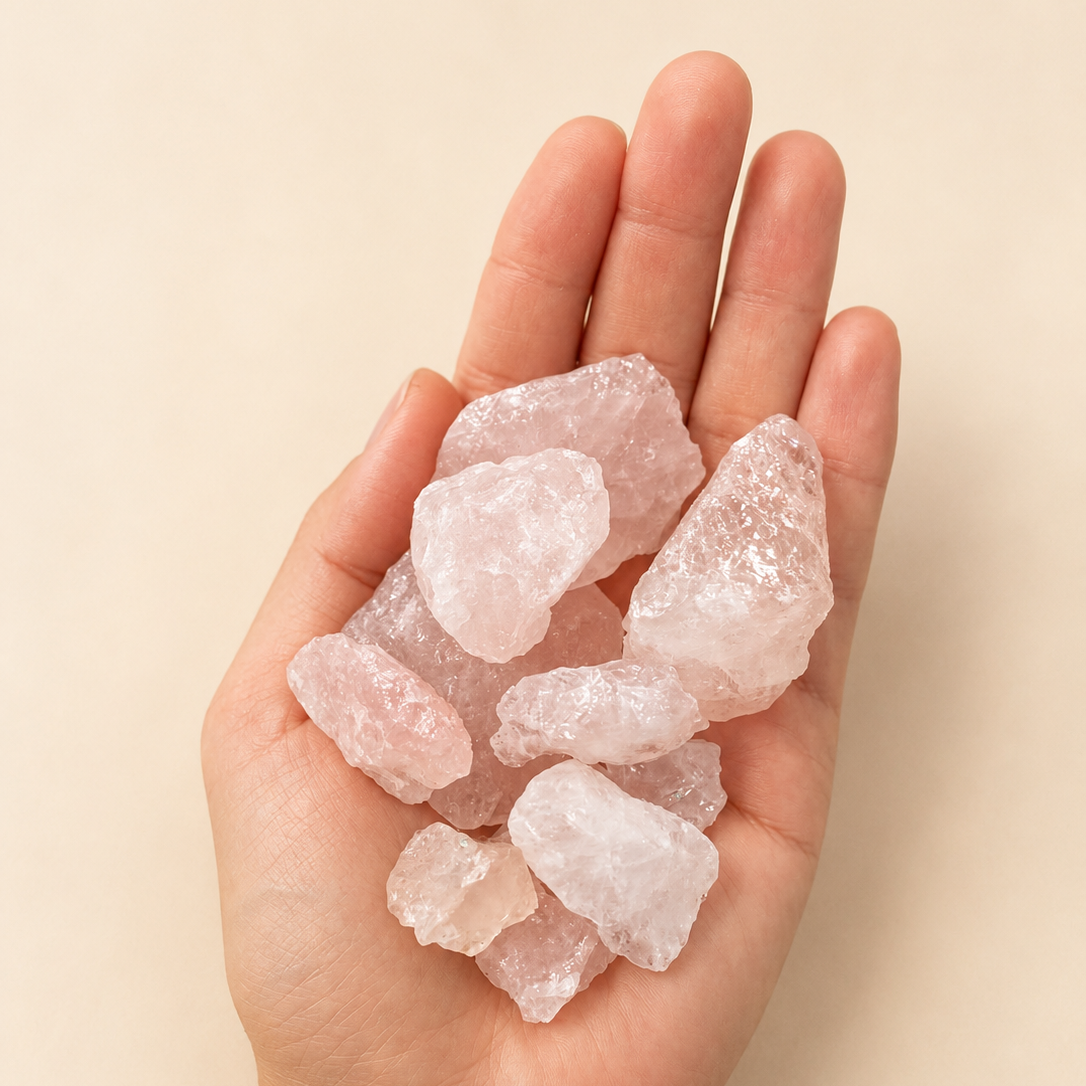 Hand holding rose quartz crystal rocks against a beige background