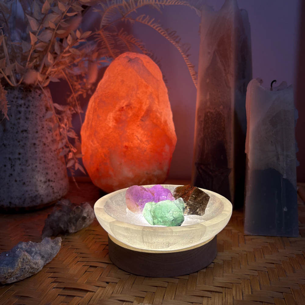 Selenite Fire Bowl with LED Light Base