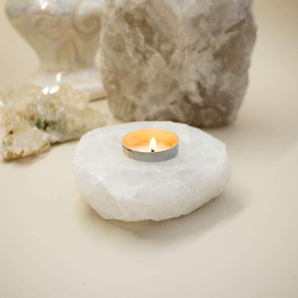 clear quartz crystal teal light candle holder