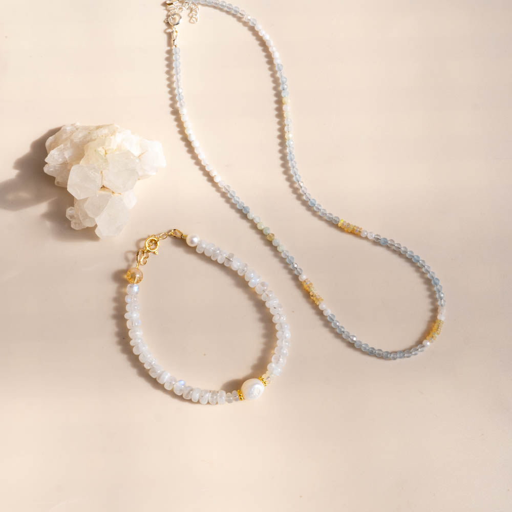 Moondance Moonstone and pearl bracelet featured with Aquamarine necklace