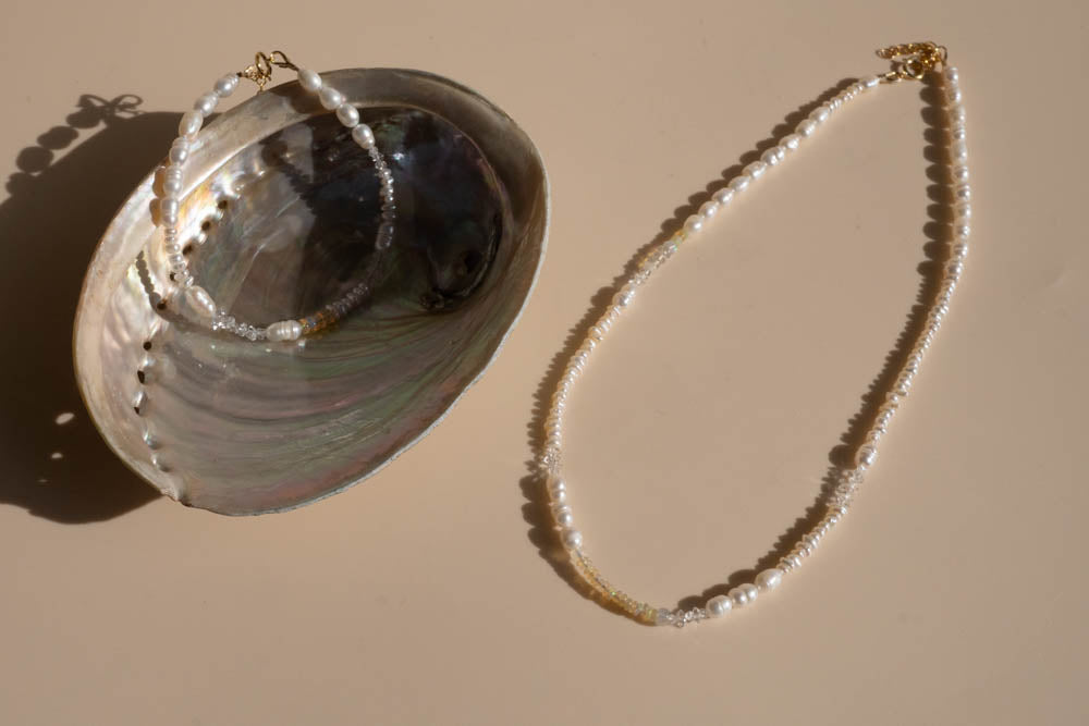 Pearl, Opal and Herkimer Diamond bracelet  and necklace 