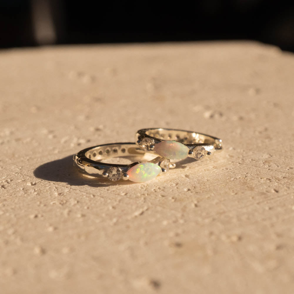 opal silver earrings on rock background