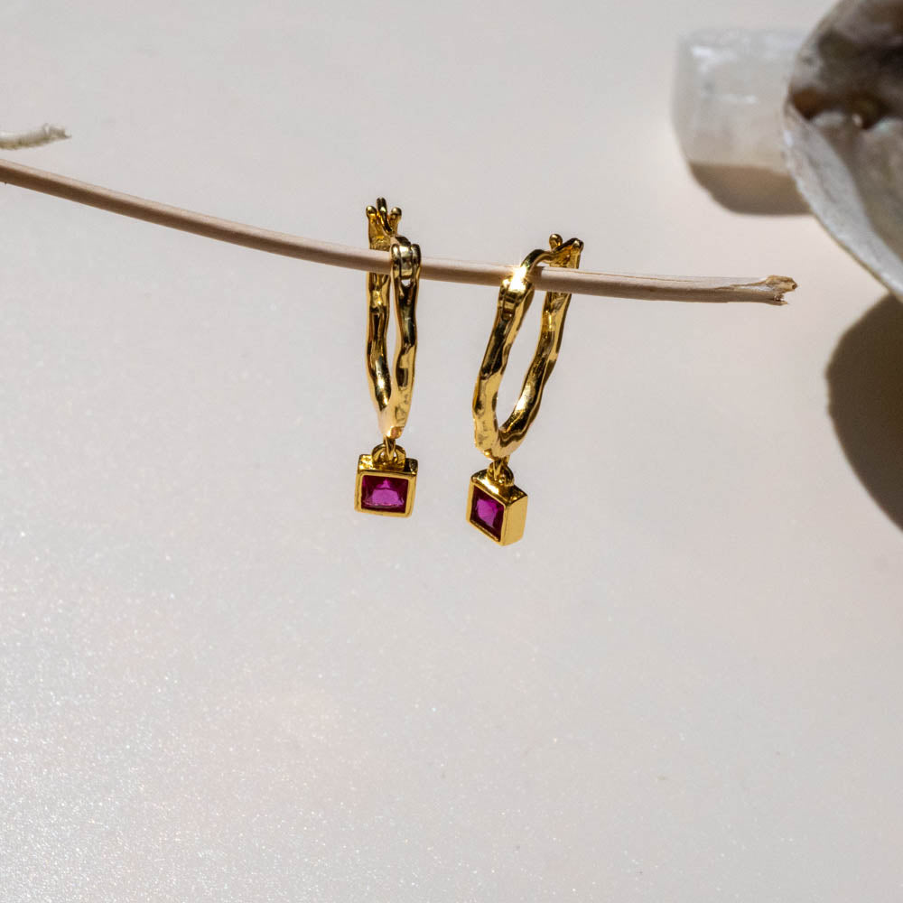 Pink square charm gold hoops