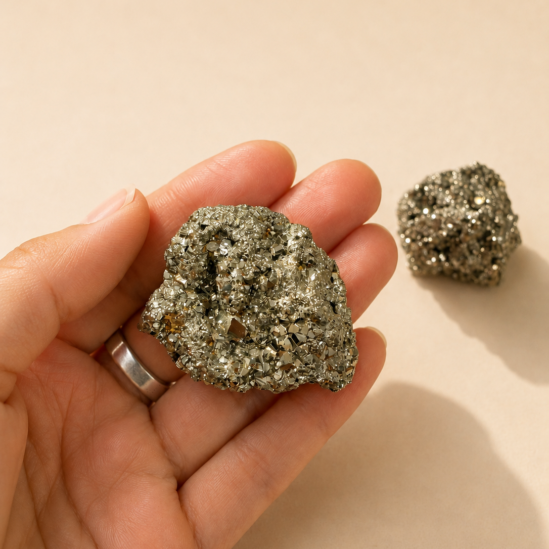 A hand holding a rough metallic pyrite cluster, with a second similar specimen resting on a plain beige surface in the background.