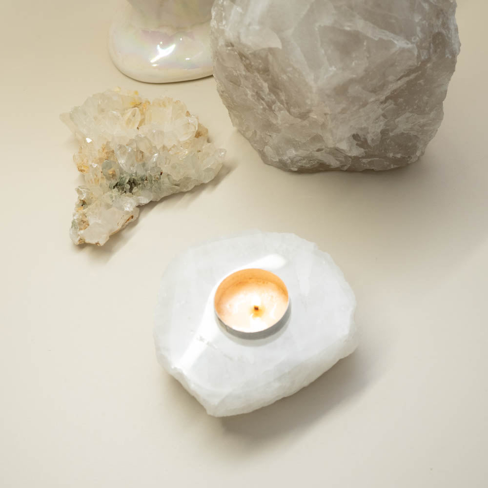 clear quartz crystal teal light candle holder