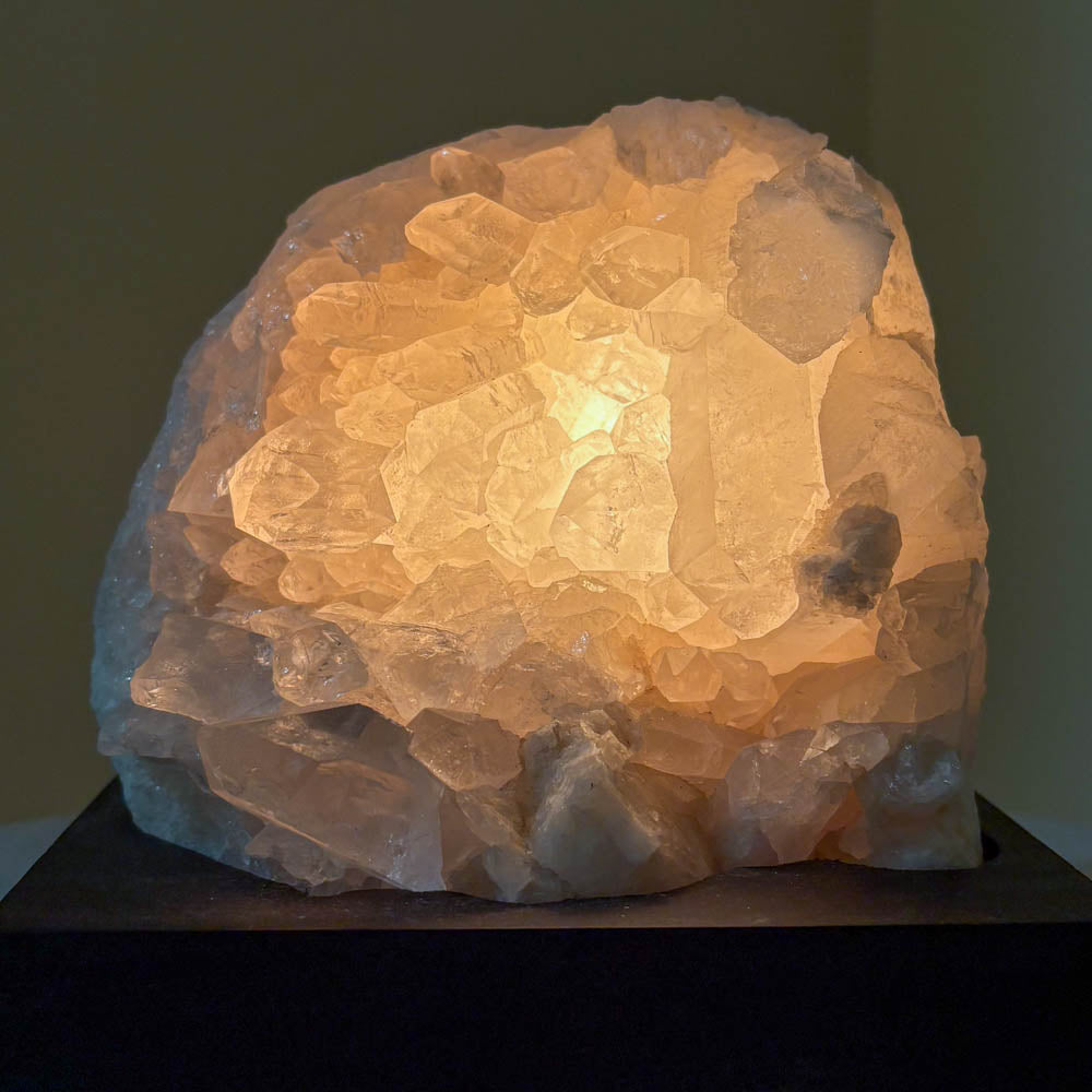 Clear Quartz Cluster Lamp with Black Wooden Base