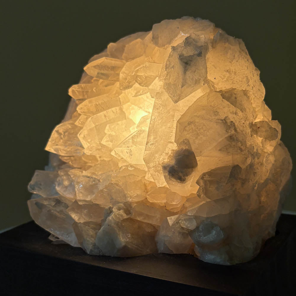 Clear Quartz Cluster Lamp with Black Wooden Base