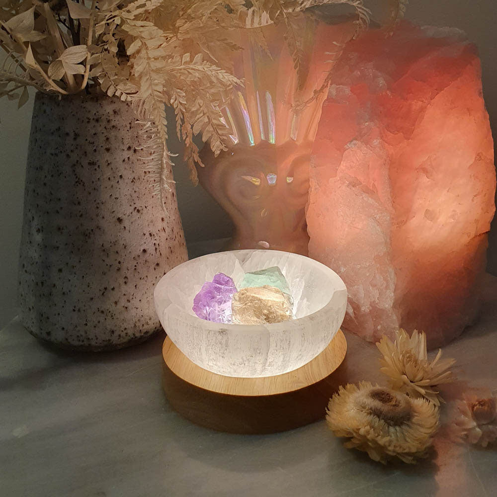 Illuminating Selenite Bowl with Crystal Roughs