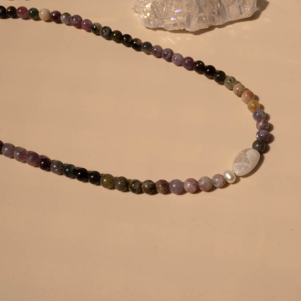 Pink Tourmaline & Moonstone Beaded Necklace