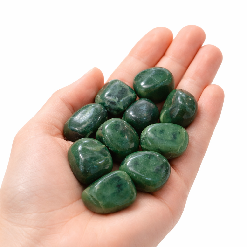 Hand holding Nephrite Jade  stones against a white background