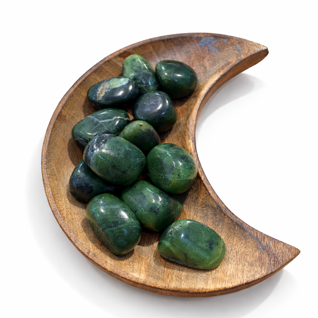 Wooden crescent moon-shaped dish with Nephrite Jade stones on a white background