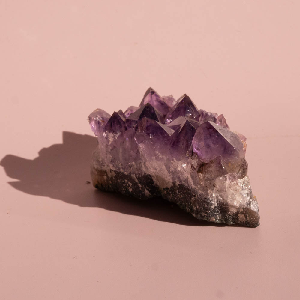 Amethyst crystal cluster on a pink background