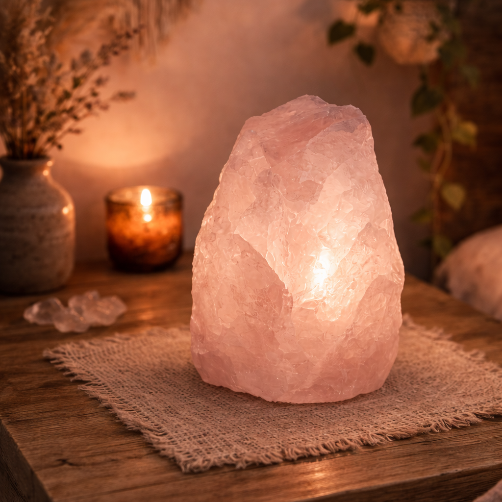 Rose Quartz crystal lamp on a wooden surface with a warm ambiance