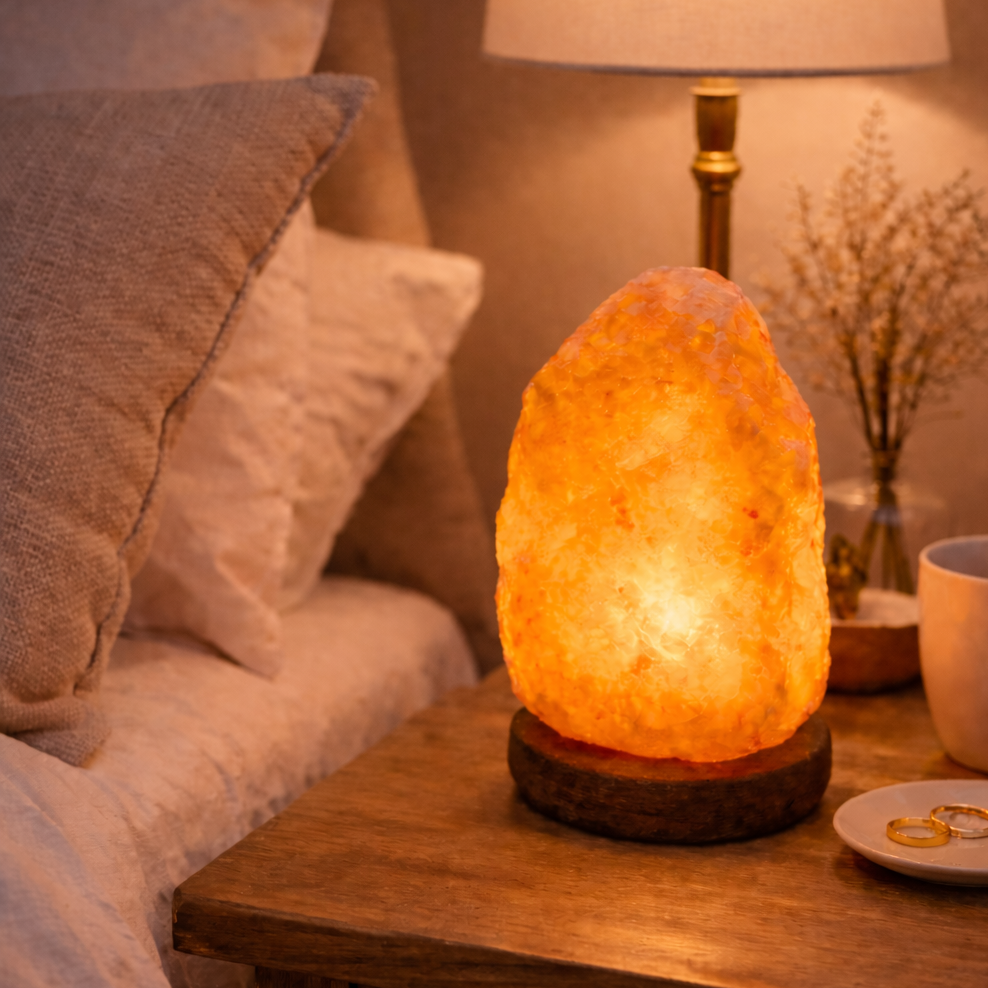 Himalayan salt lamp on a bedside table with pillows and a cup in the background