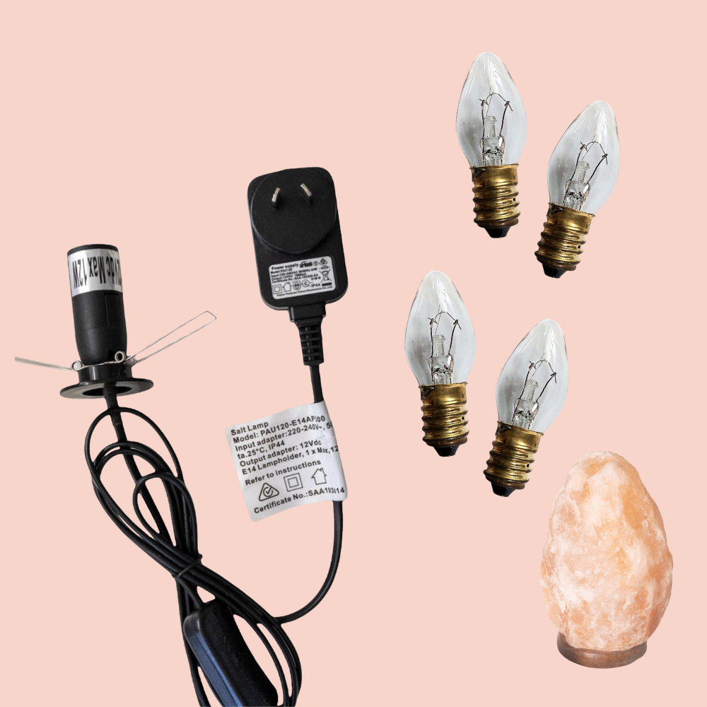 12V - 12W Light bulb, 12V DC plug adapter, and salt lamp on a pink background