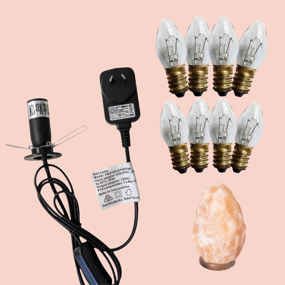 12V - 12W Light bulb, 12V DC plug adapter, and salt lamp on a pink background