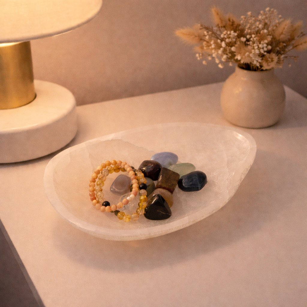 Selenite Crystal dish with bracelets and stones on a table next to a lamp and vase.