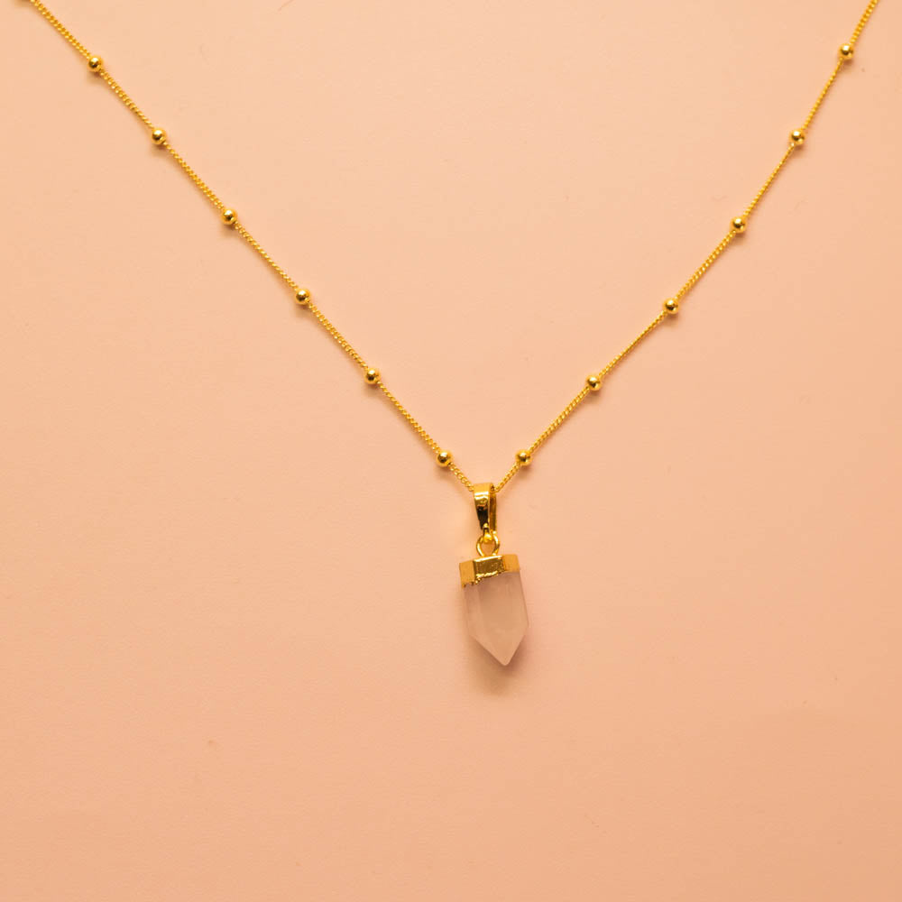 rose quartz pendant on ball chain in gold