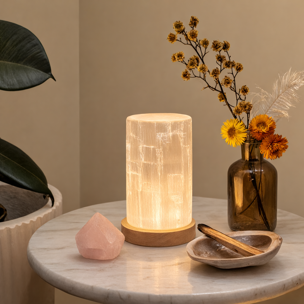 Decorative table setting with a glowing selenite cylinder lamp, vase with flowers, and crystals on a marble surface.