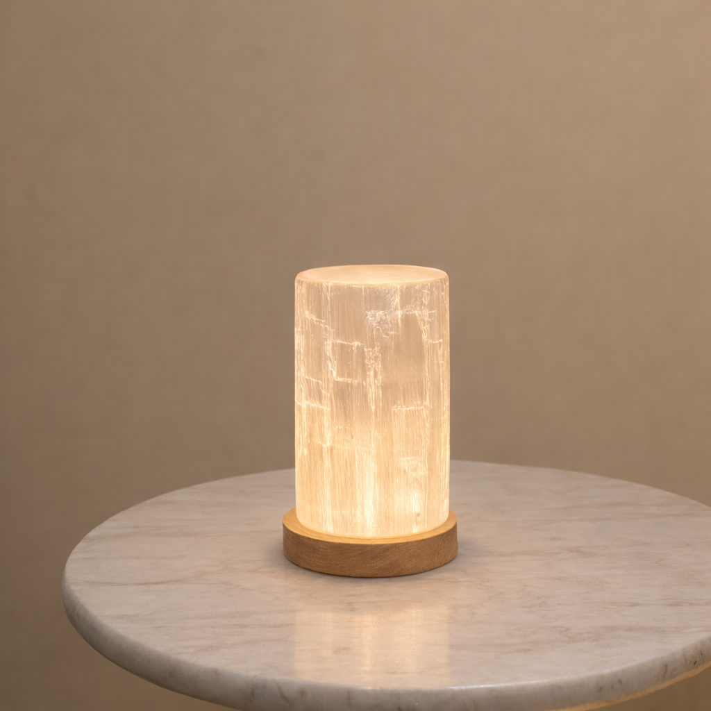 Selenite Cylinder Tower Lamp on marble table