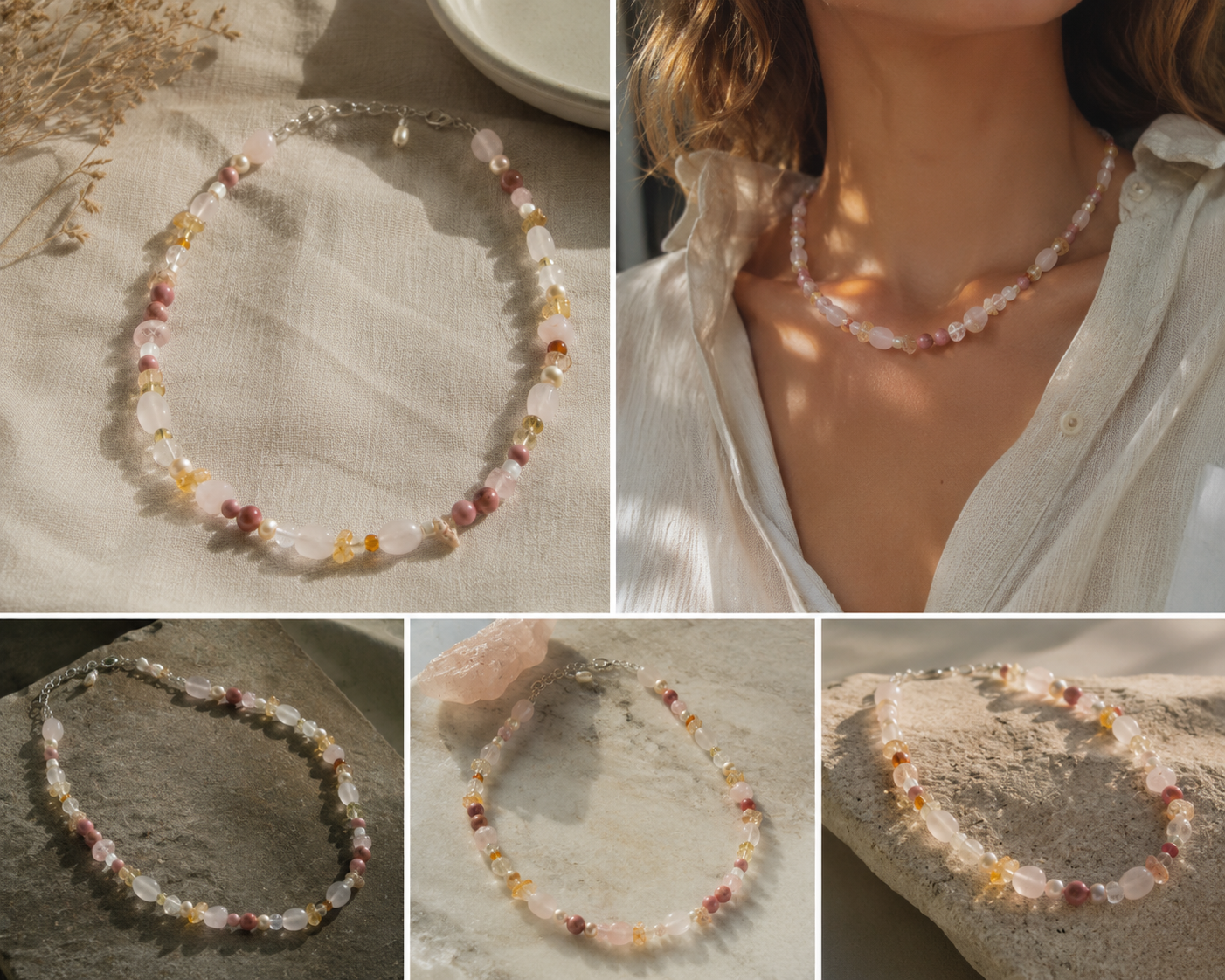 A collage of pink moon necklaces on different backgrounds 