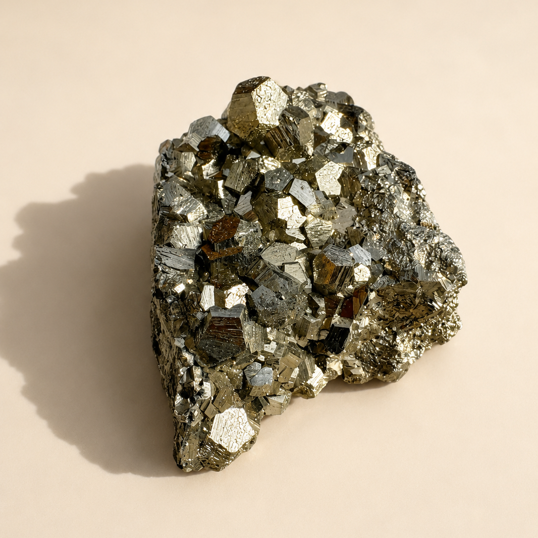 Pyrite Mineral specimen on a beige background