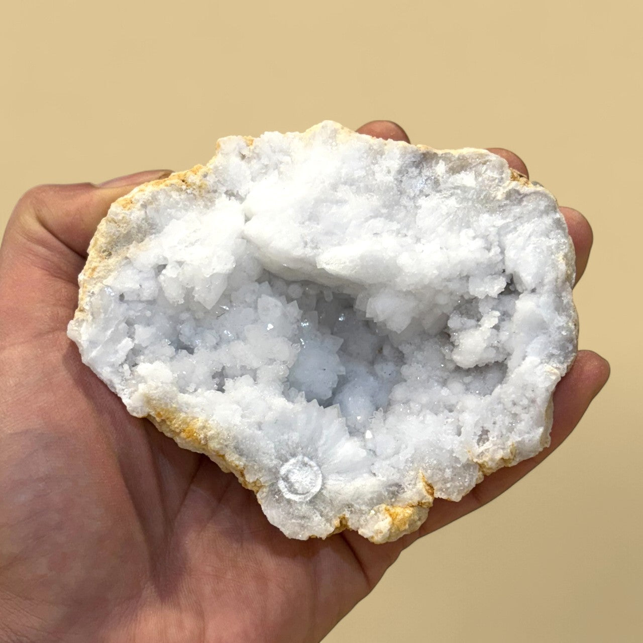Hand holding a large crystal geode against a beige background
