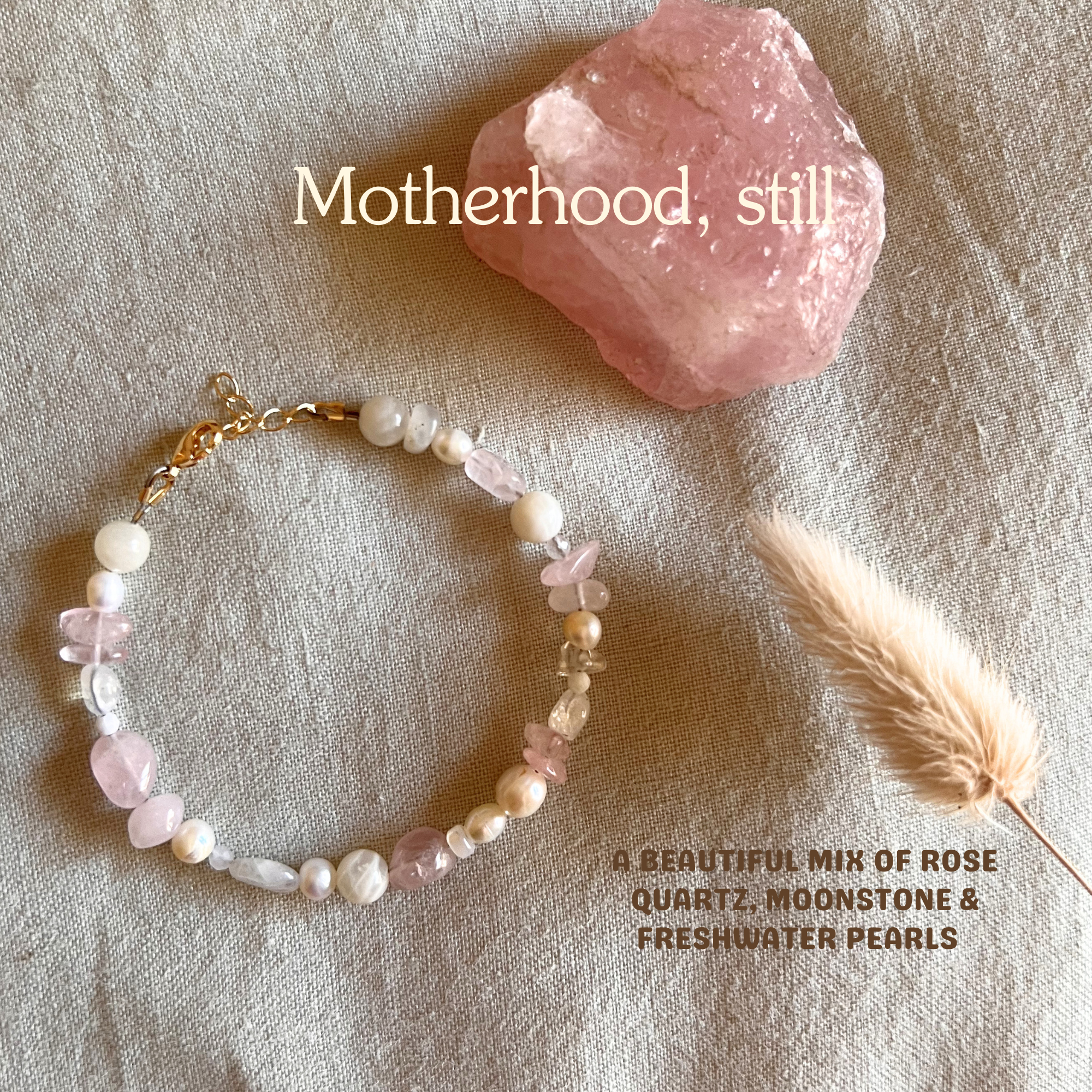 Beaded bracelet with rose quartz, moonstone, and freshwater pearls on a textured surface with text overlay.