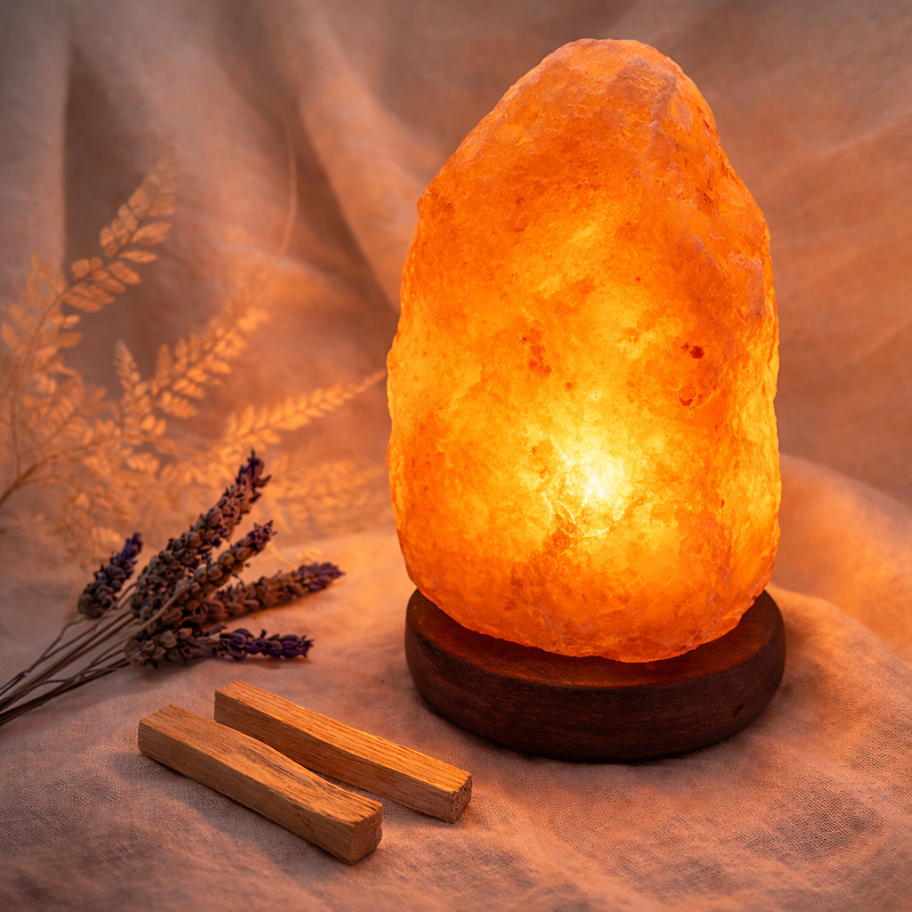 Himalayan salt lamp with wooden base on a soft fabric background with lavender and palo santo sticks.