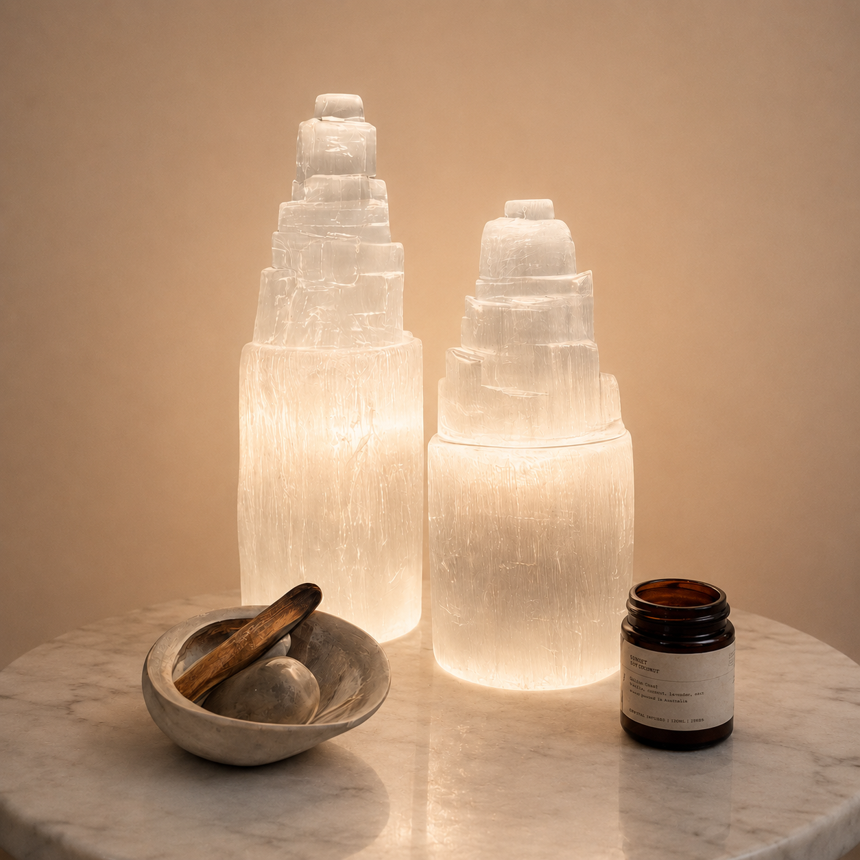 Two illuminated selenite towers on a marble surface with a bowl and jar.