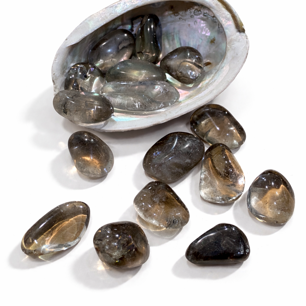 Smoky quartz stones with a shell on a white background