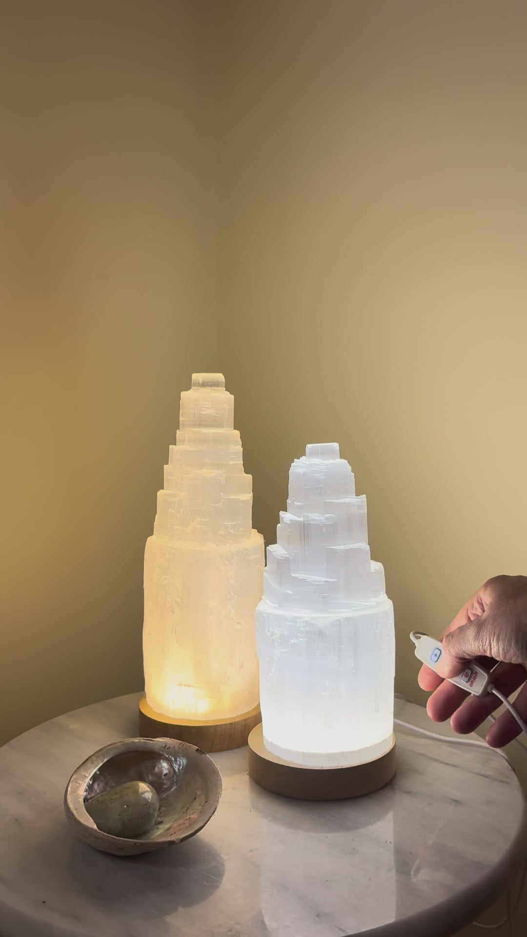 Two Selenite Crystal tower lamps video with adjustable LED lighting