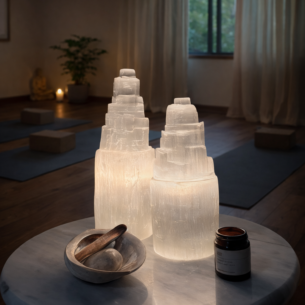 Two Selenite crystal towers on a table in a dimly lit room with yoga mats and plants.