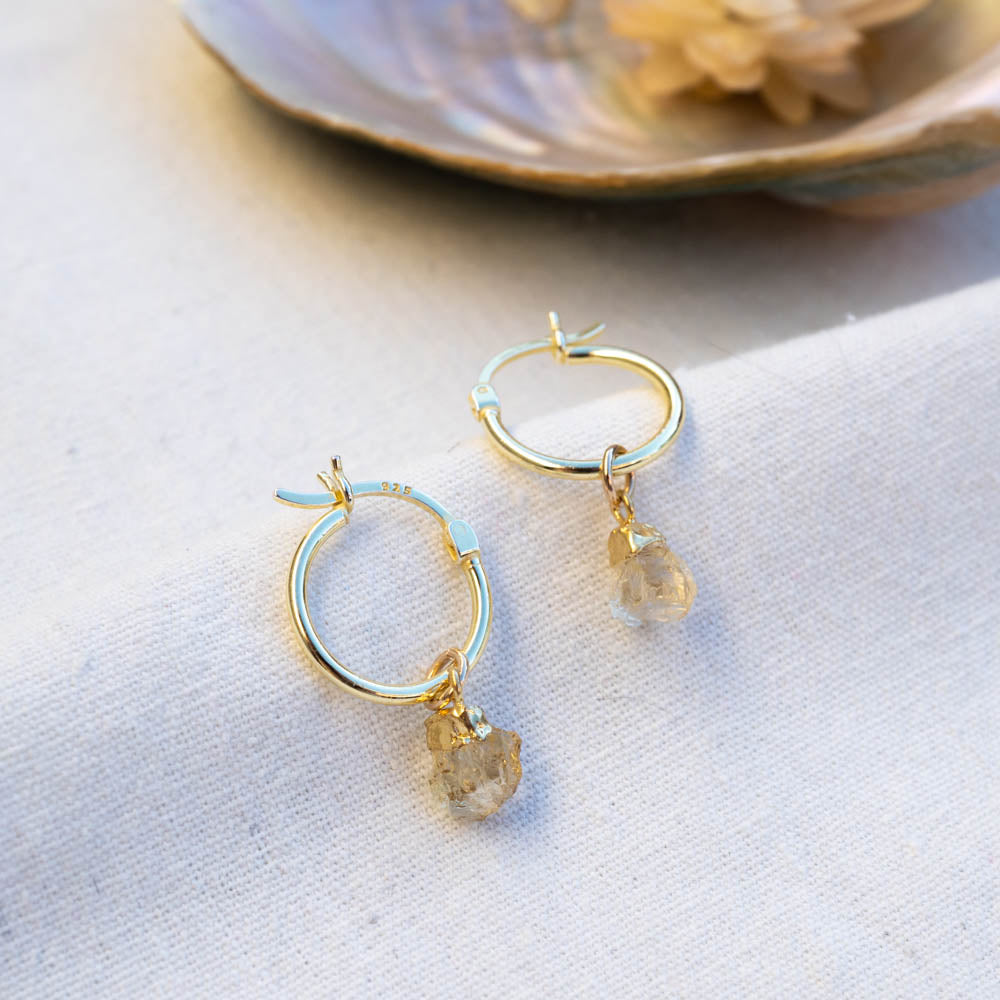 Citrine Raw gold hoops