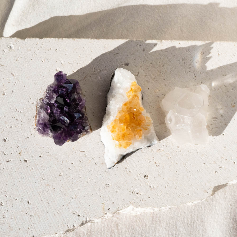 amethyst, citrine and quartz clusters