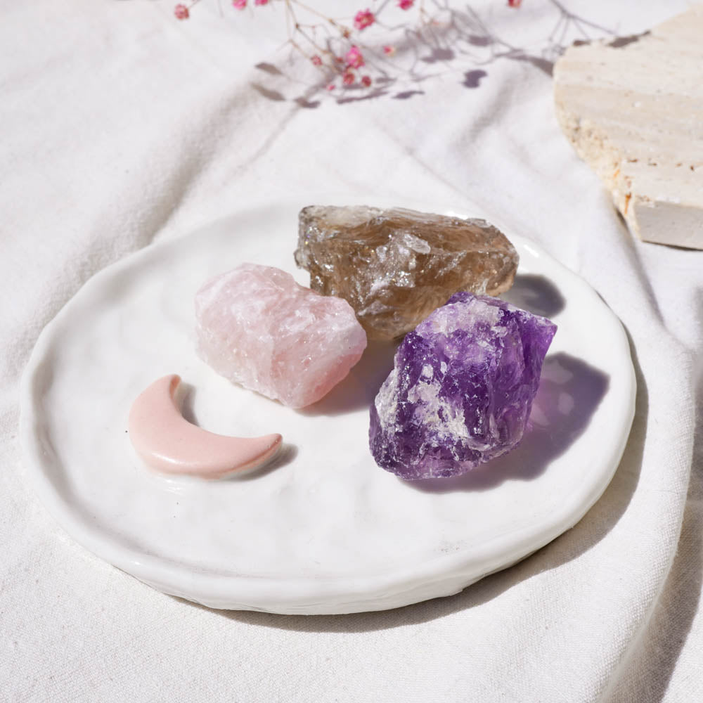rose quartz, amethyst, smoky quartz crystal roughs
