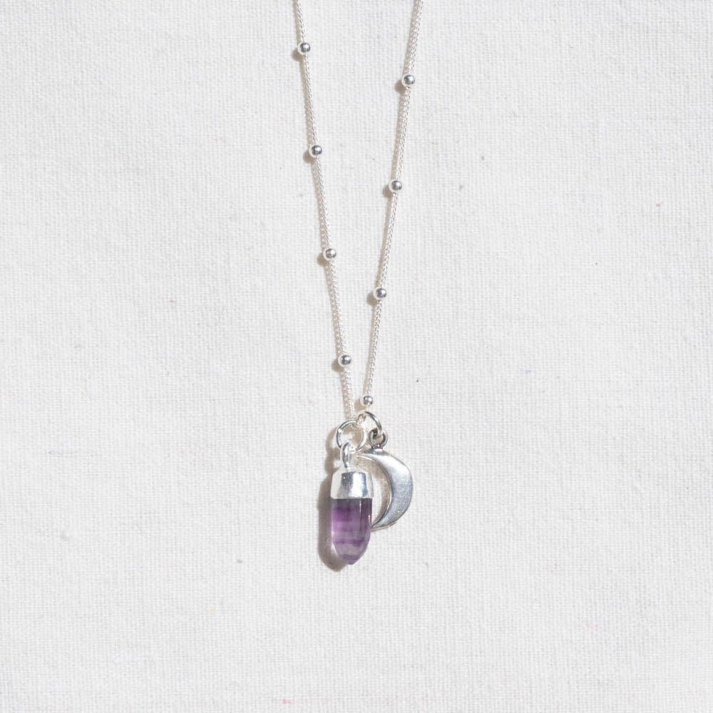 fluorite silver necklace with moon charm
