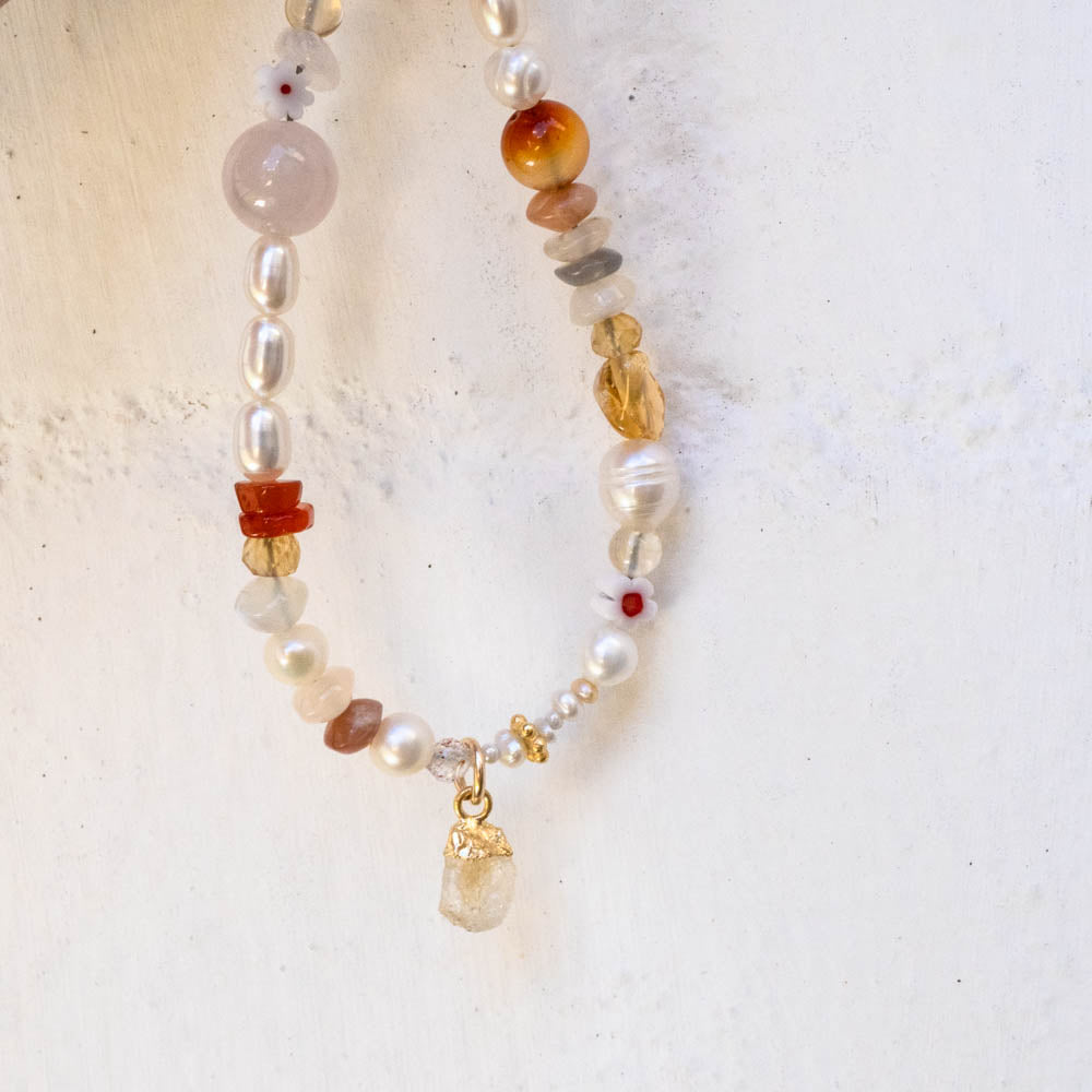 'Sunsets' Citrine, Carnelian + Rose Quartz Beaded Pearl Necklace