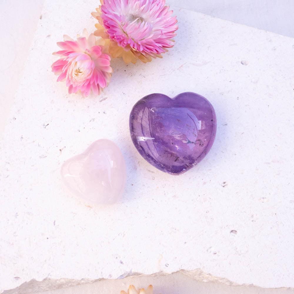 Rose quartz and amethyst hearts