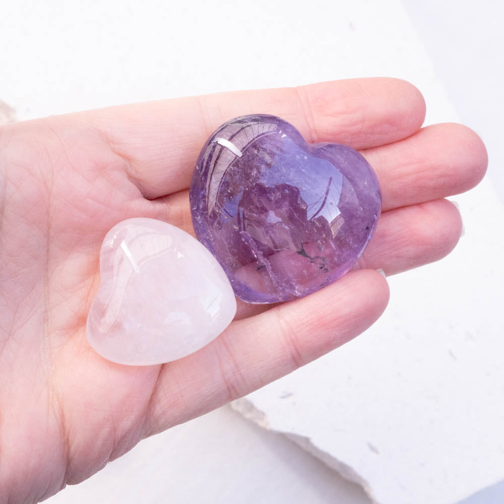 Rose quartz and amethyst hearts  
