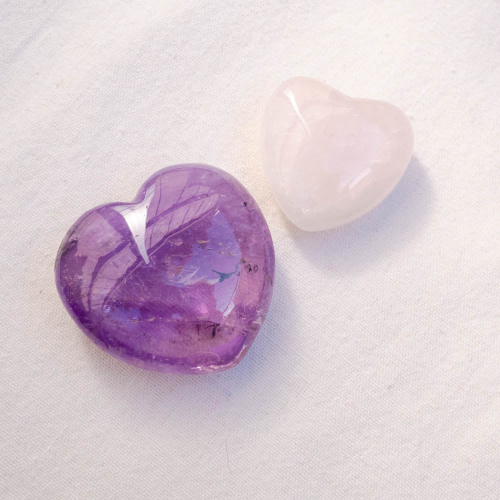Rose quartz and amethyst hearts 