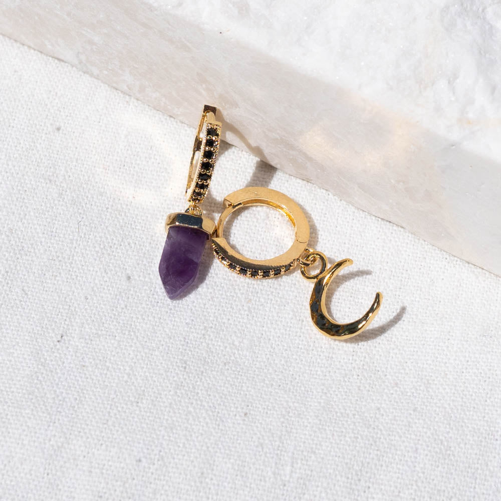 Onyx hoops with Amethyst and moon  