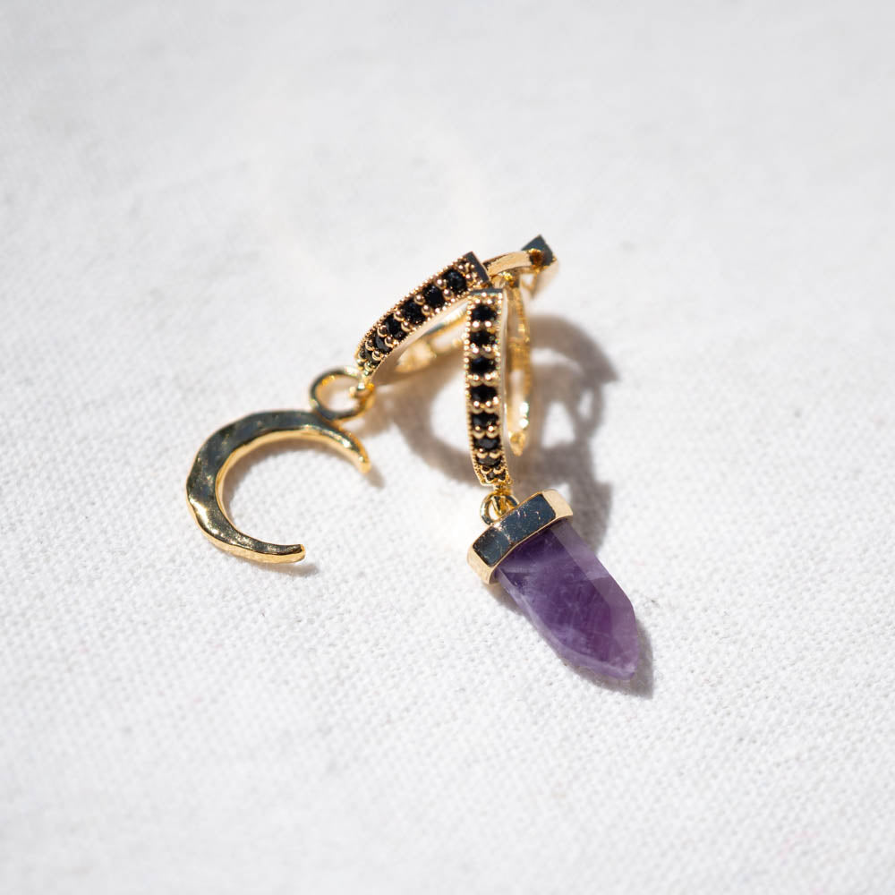 Onyx hoops with Amethyst and moon
