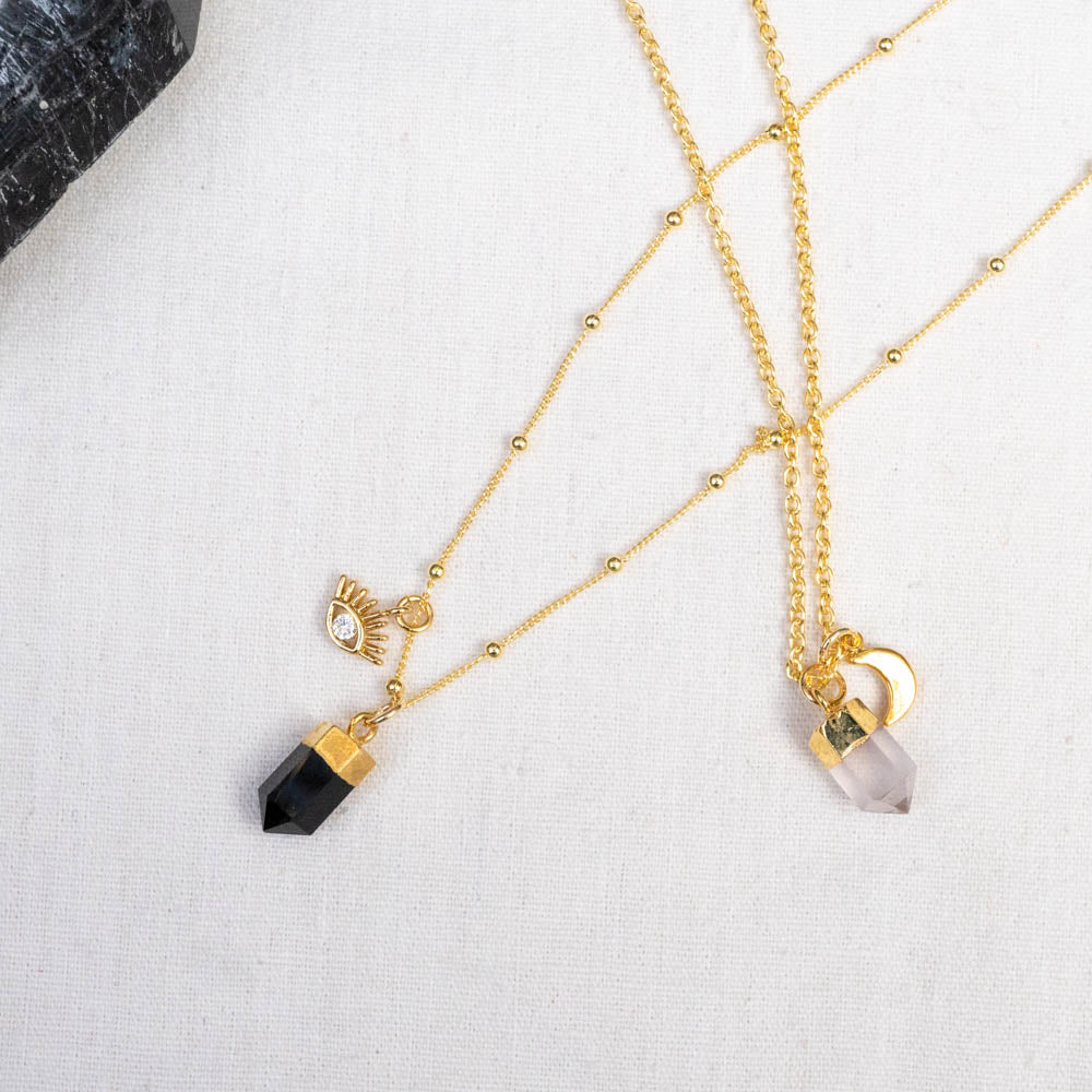 onyx and evil eye gold necklace with rose quartz necklace