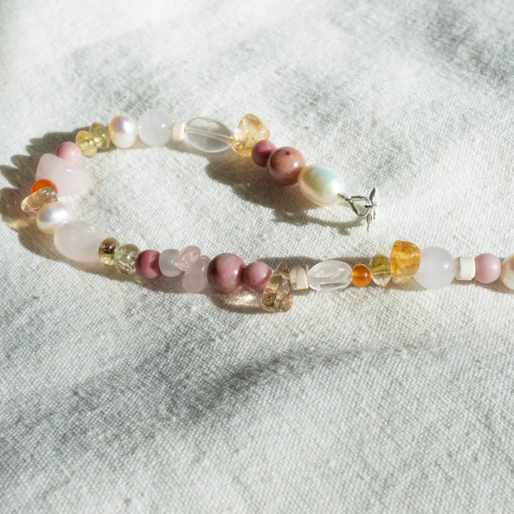 Rose Quartz, Citrine Rhodonite Beaded Bracelet 'Pink Moon