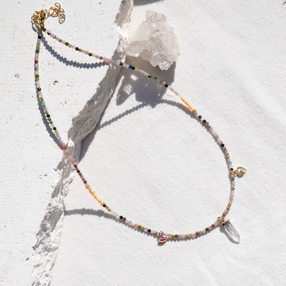 'Zahara' Multi Tourmaline + Quartz Charm Beaded Necklace