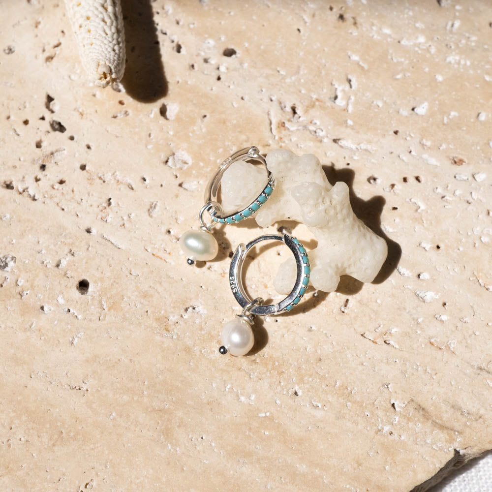 Turquoise Mini Hoops + Pearls - Sterling Silver