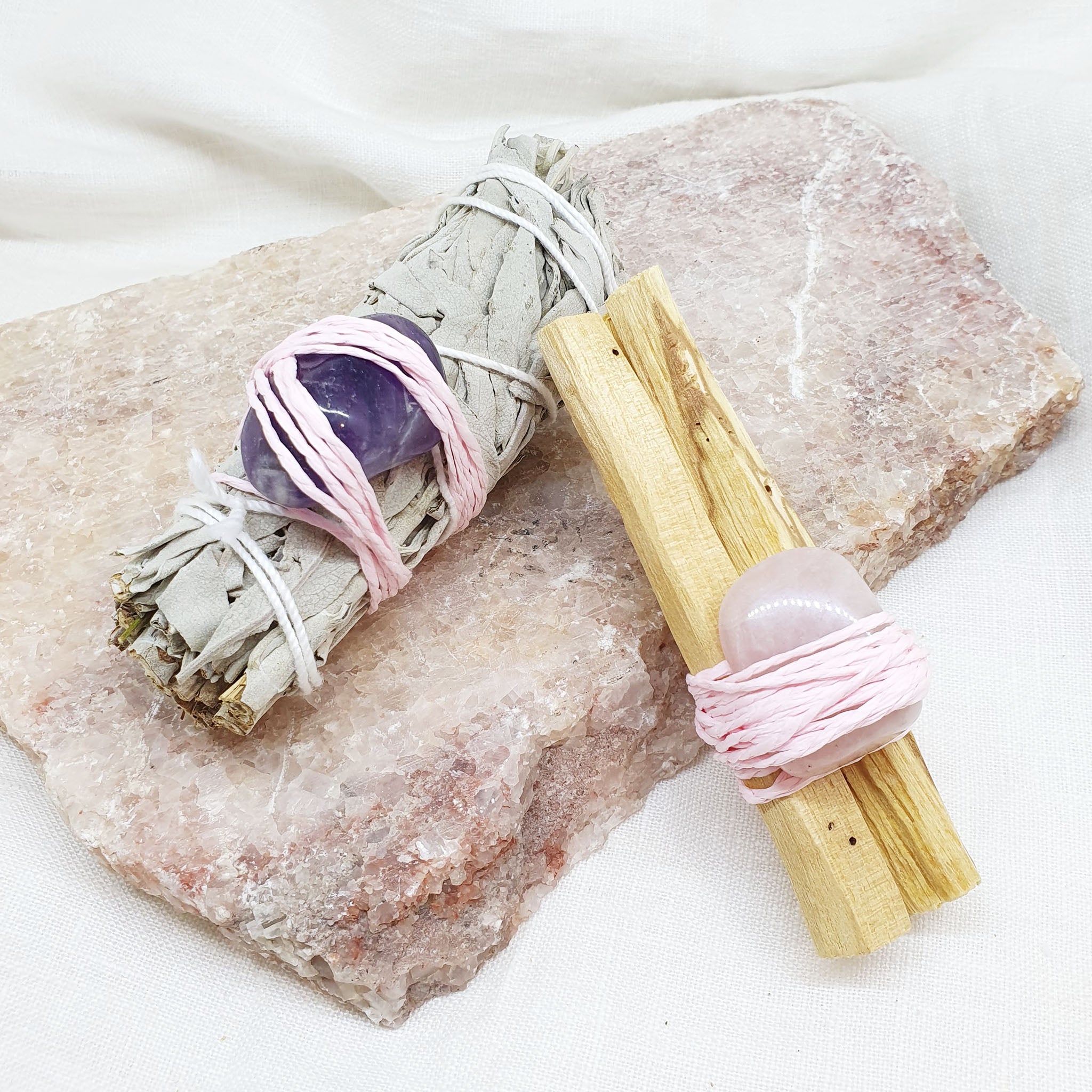 white sage amethyst and palo santo rose quartz smudge sticks